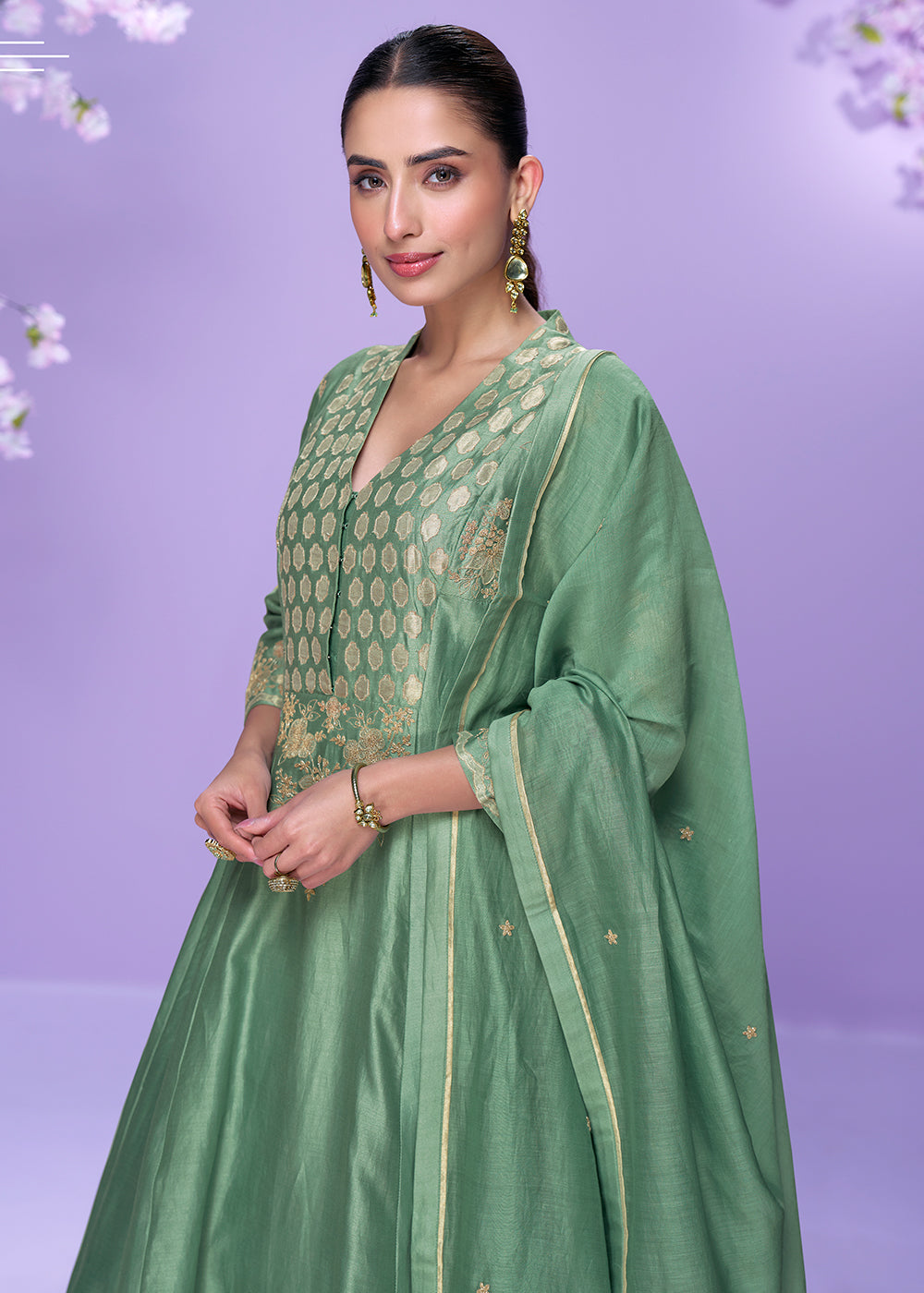 Buy Now Mint Green Roman Silk Long Cut Palazzo Suit Suit Online in US, UK, Canada, Germany, Italy, France, Austria, Denmark & Worldwide at Empress Clothing.