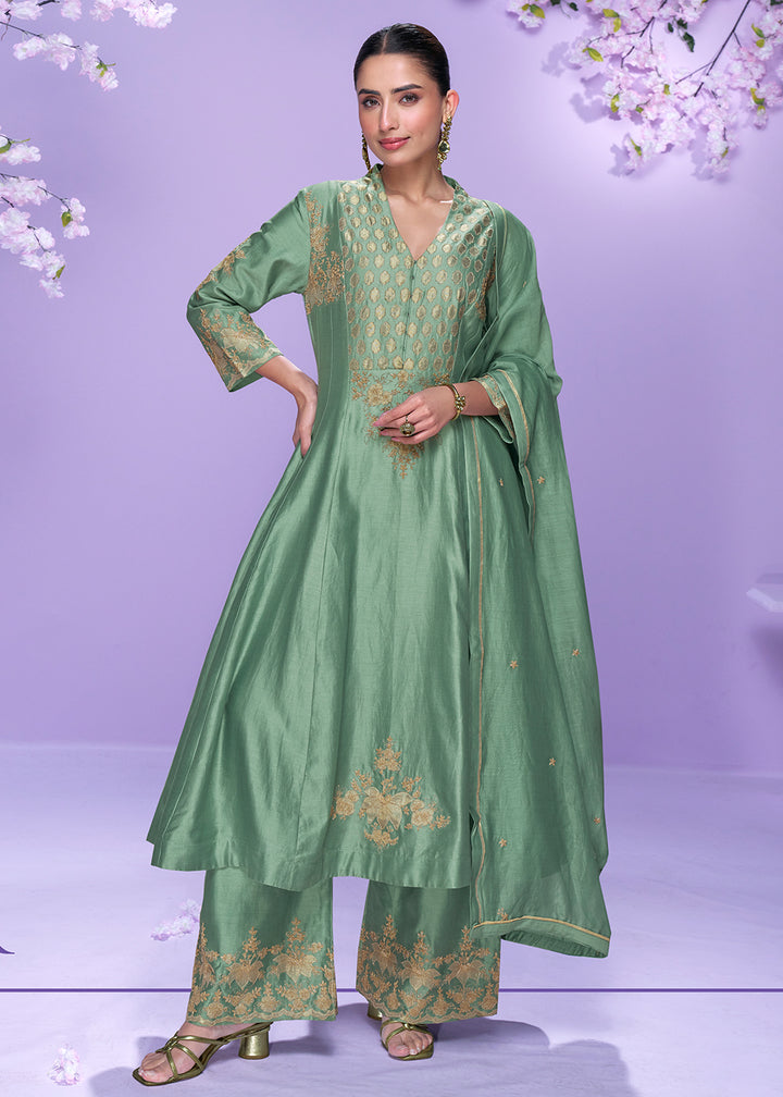 Buy Now Mint Green Roman Silk Long Cut Palazzo Suit Suit Online in US, UK, Canada, Germany, Italy, France, Austria, Denmark & Worldwide at Empress Clothing.