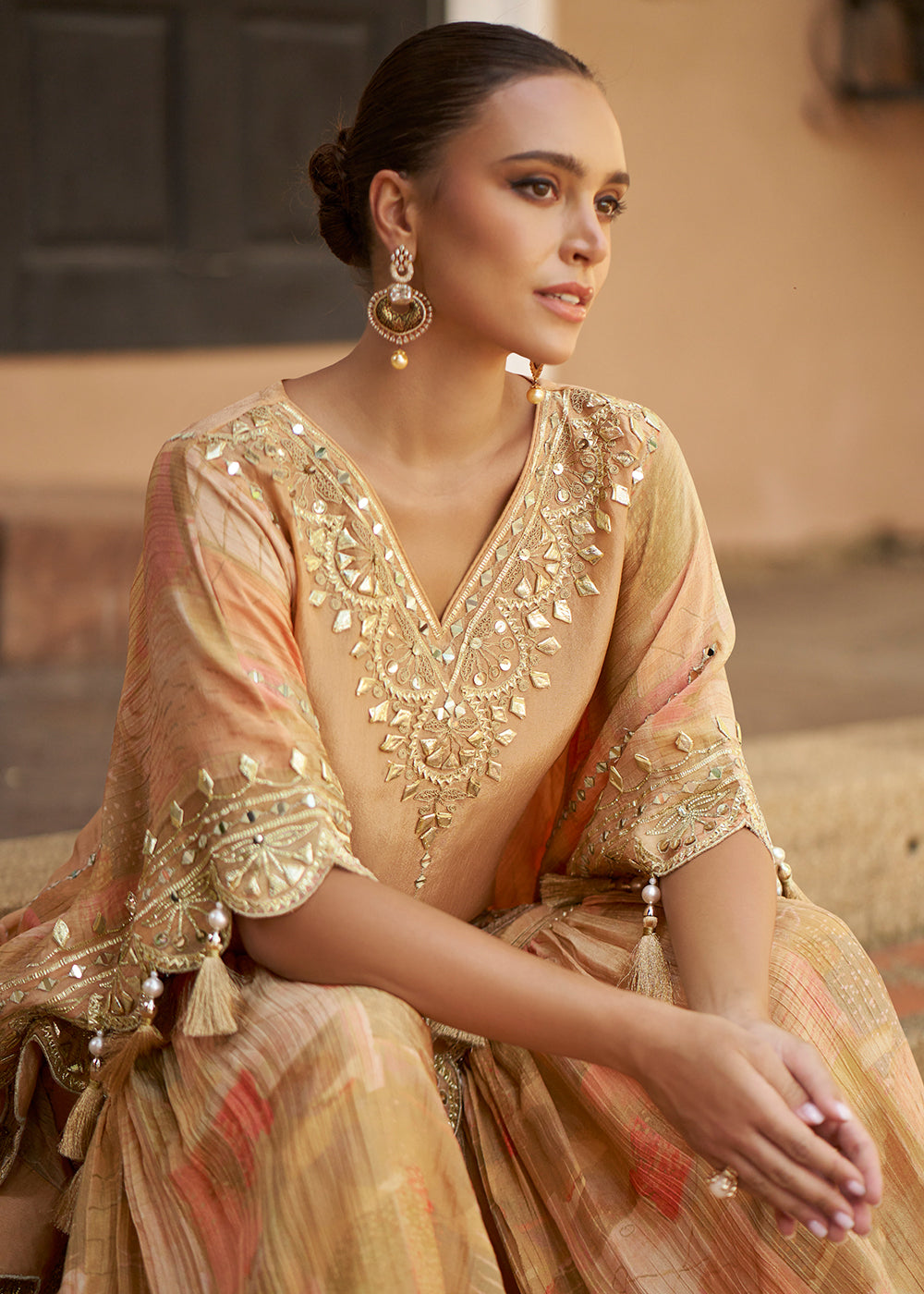 Buy Now Peach Embroidered Kaftan Style Trendy Gharara Suit Online in USA, UK, Canada, Germany, Italy, France, Austria, Denmark, UAE & Worldwide at Empress.