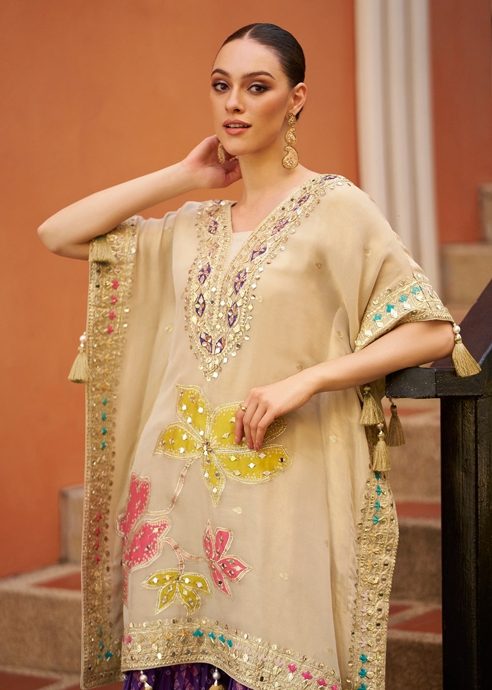Buy Now Cream Embroidered Kaftan Style Trendy Gharara Suit Online in USA, UK, Canada, Germany, Italy, France, Austria, Denmark, UAE & Worldwide at Empress.