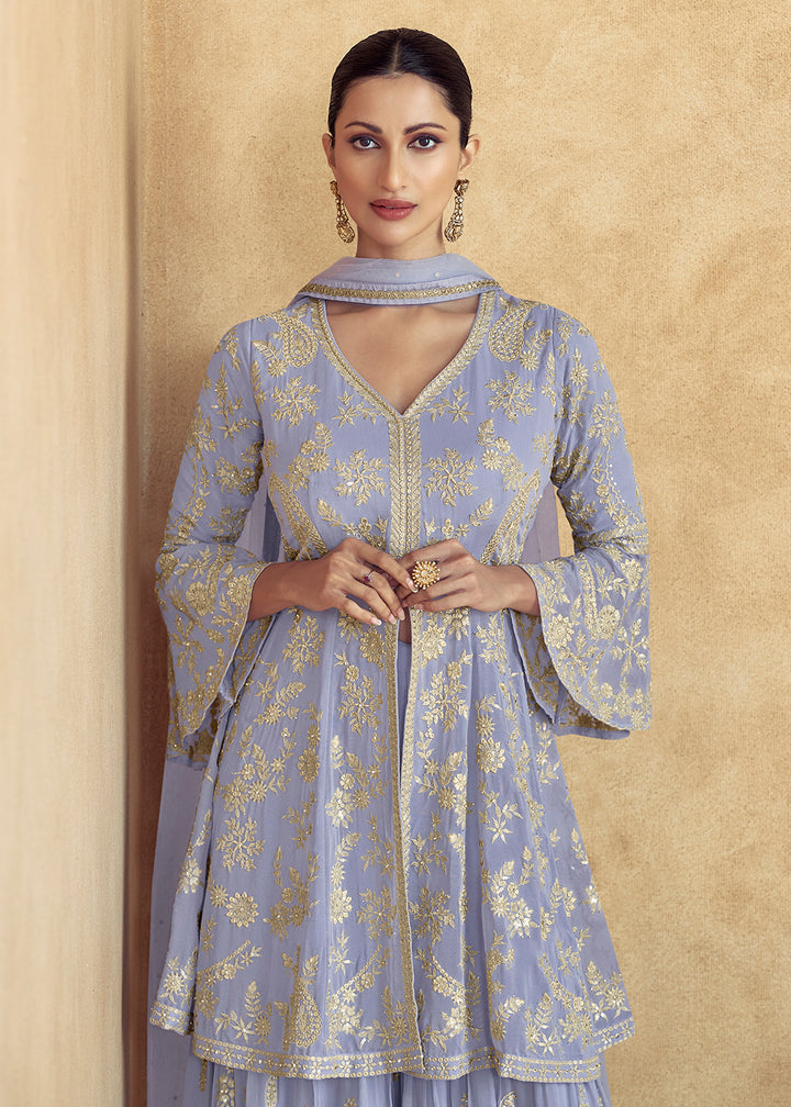 Shop Now Lilac Real Georgette Embroidered Wedding Sharara Suit Online at Empress Clothing in USA, UK, Canada, Germany, UAE & Worldwide. 