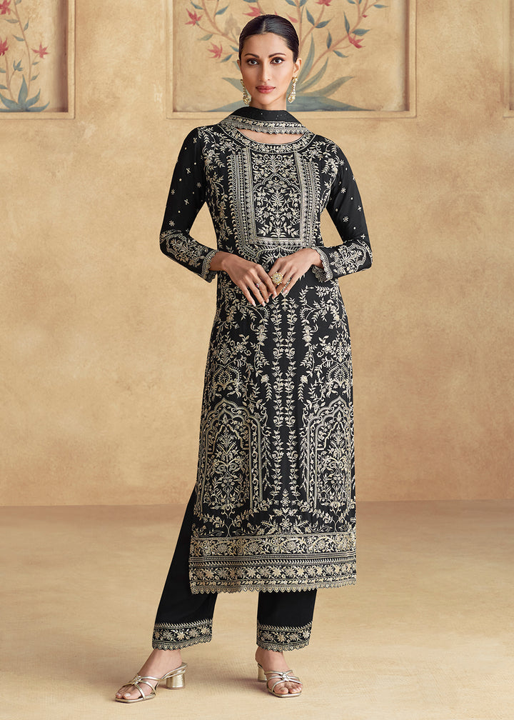 Buy Now Black Embroidered Chinnon Silk Designer Salwar Suit Online in USA, UK, Canada, Germany & Worldwide at Empress Clothing. 