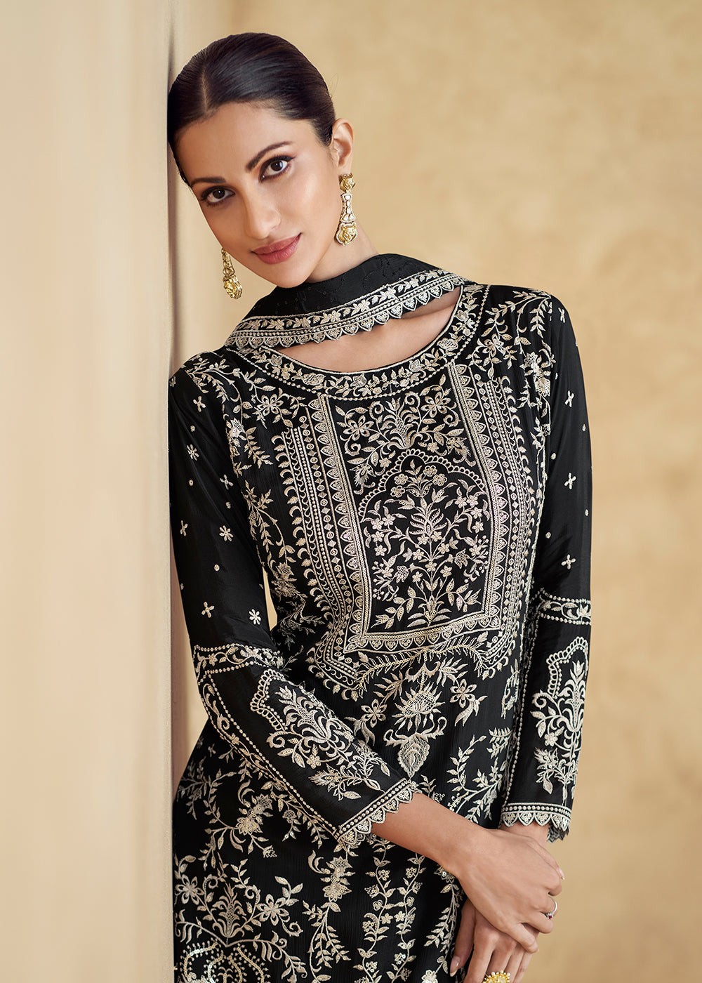 Buy Now Black Embroidered Chinnon Silk Designer Salwar Suit Online in USA, UK, Canada, Germany & Worldwide at Empress Clothing. 