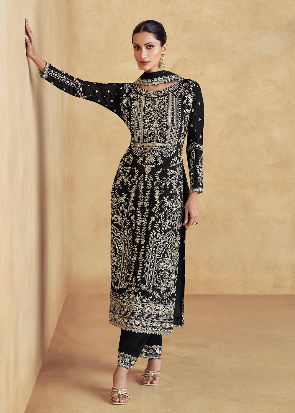 Buy Now Black Embroidered Chinnon Silk Designer Salwar Suit Online in USA, UK, Canada, Germany & Worldwide at Empress Clothing. 