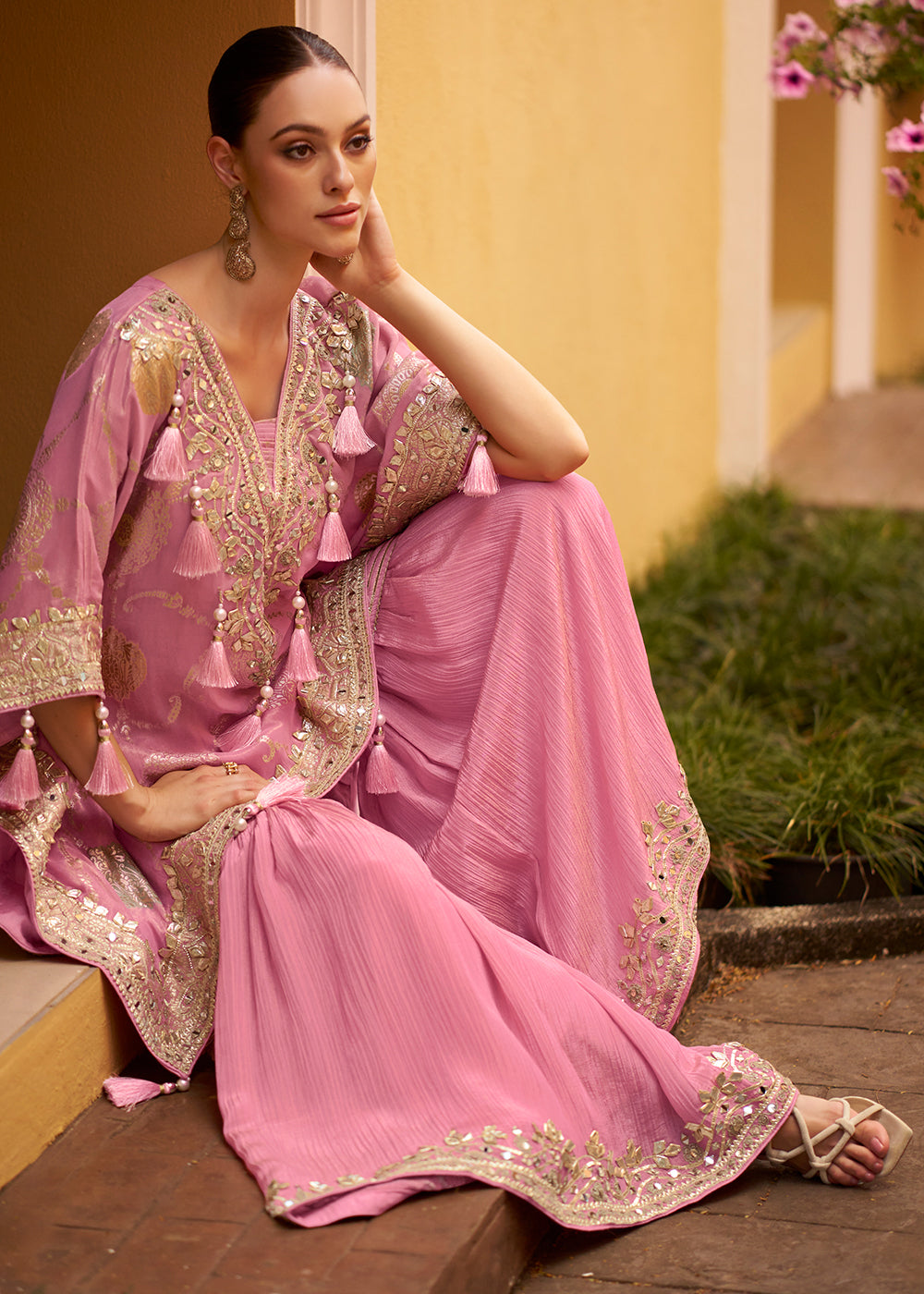 Buy Now Pink Embroidered Kaftan Style Trendy Gharara Suit Online in USA, UK, Canada, Germany, Italy, France, Austria, Denmark, UAE & Worldwide at Empress.