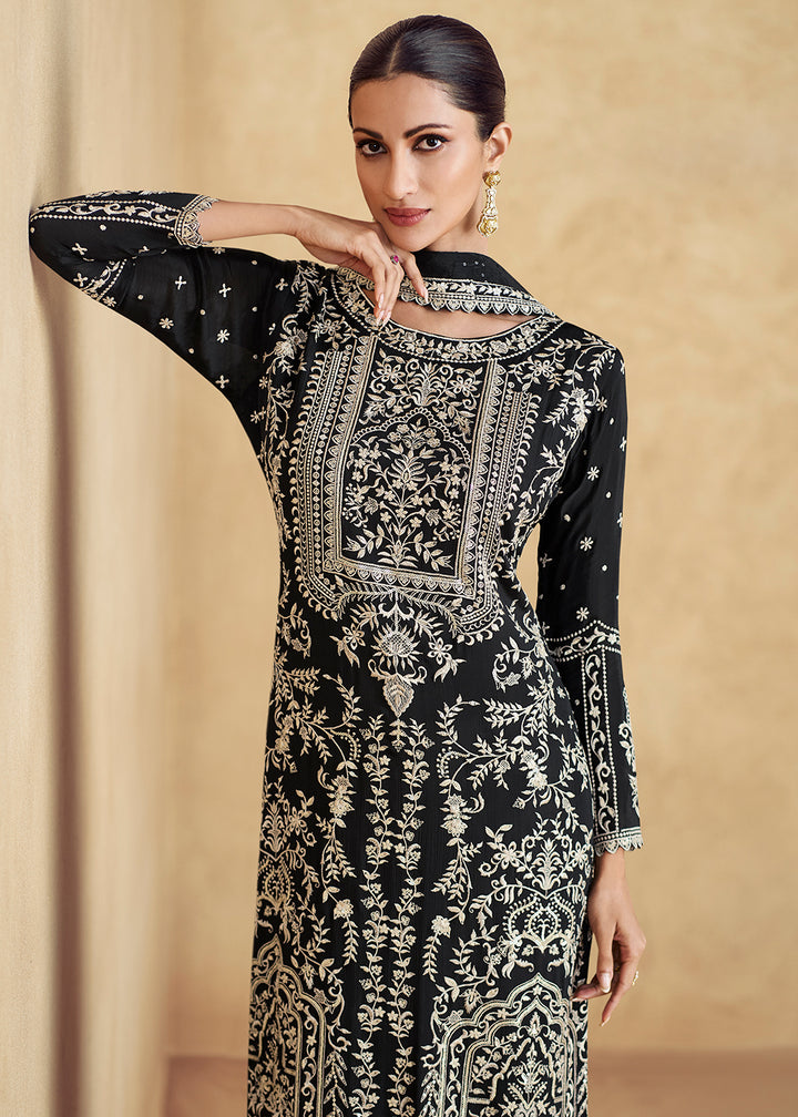 Buy Now Black Embroidered Chinnon Silk Designer Salwar Suit Online in USA, UK, Canada, Germany & Worldwide at Empress Clothing. 