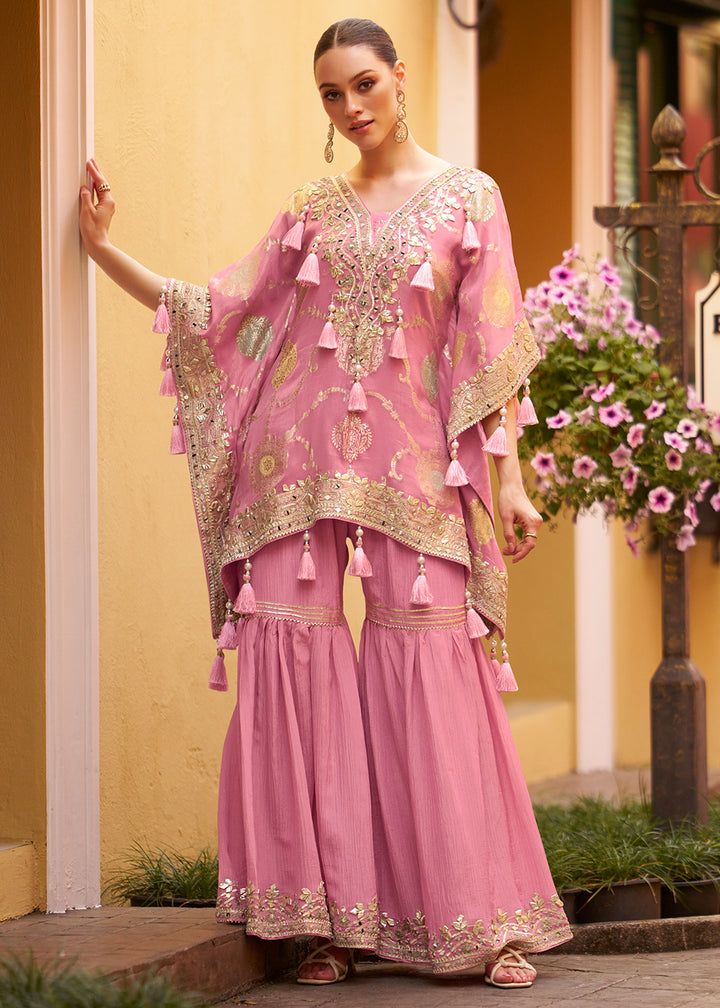 Buy Now Pink Embroidered Kaftan Style Trendy Gharara Suit Online in USA, UK, Canada, Germany, Italy, France, Austria, Denmark, UAE & Worldwide at Empress.