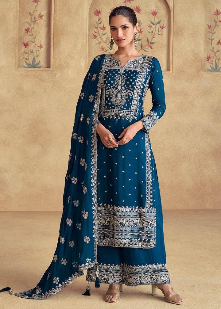 Buy Now Blue Embroidered Chinnon Silk Designer Salwar Suit Online in USA, UK, Canada, Germany & Worldwide at Empress Clothing.