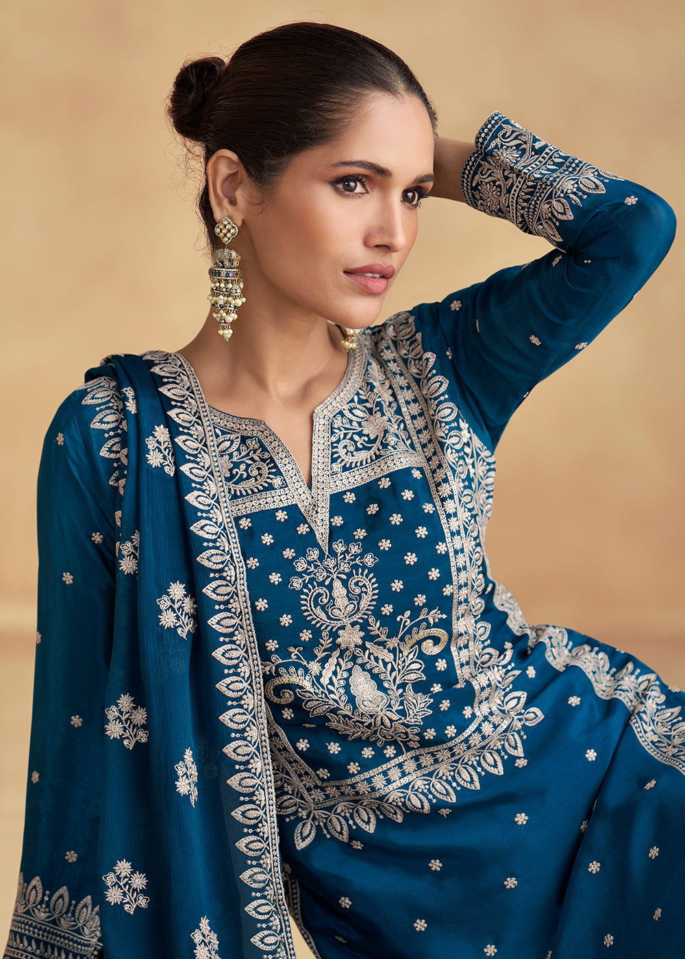 Buy Now Blue Embroidered Chinnon Silk Designer Salwar Suit Online in USA, UK, Canada, Germany & Worldwide at Empress Clothing.