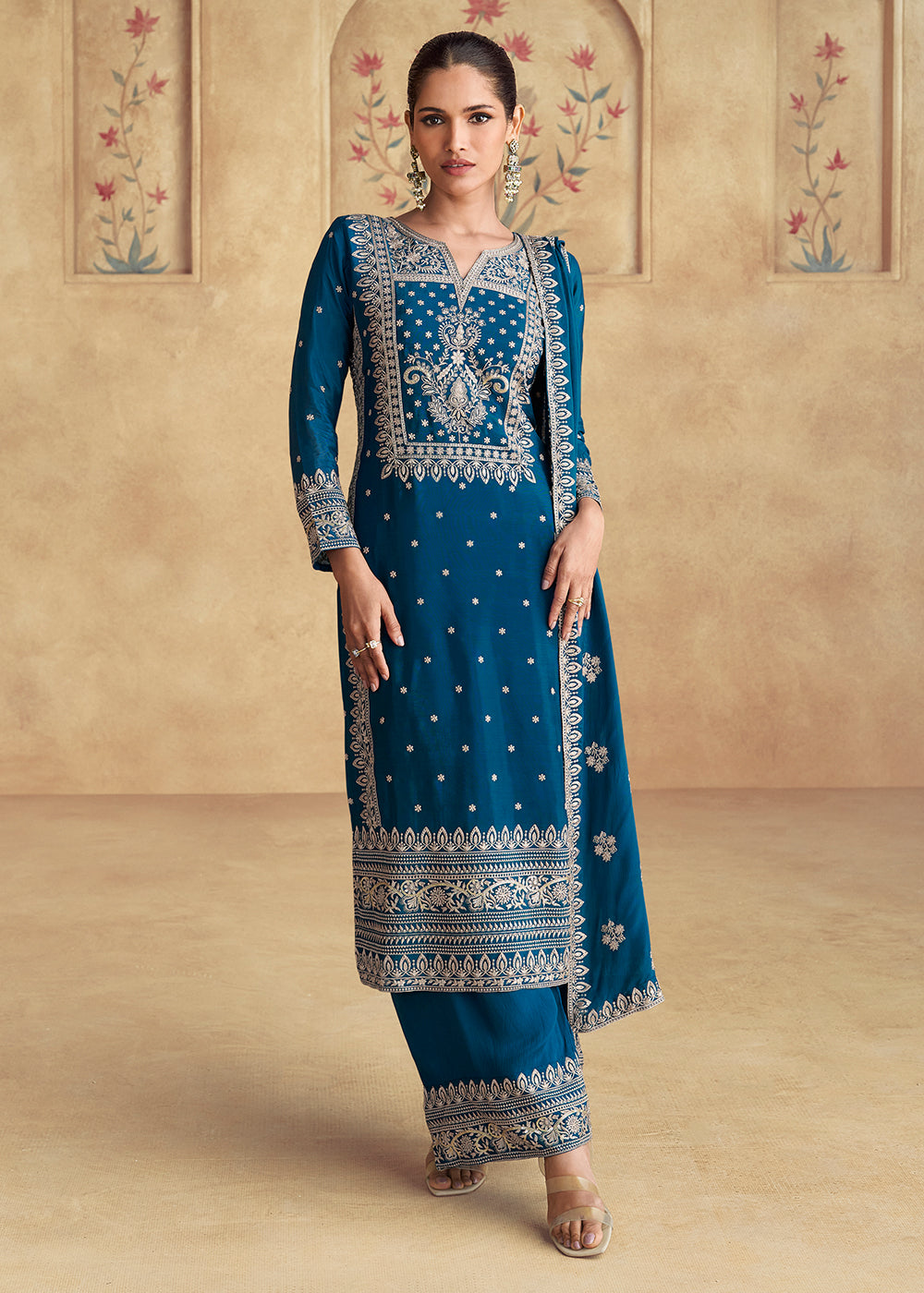 Buy Now Blue Embroidered Chinnon Silk Designer Salwar Suit Online in USA, UK, Canada, Germany & Worldwide at Empress Clothing.