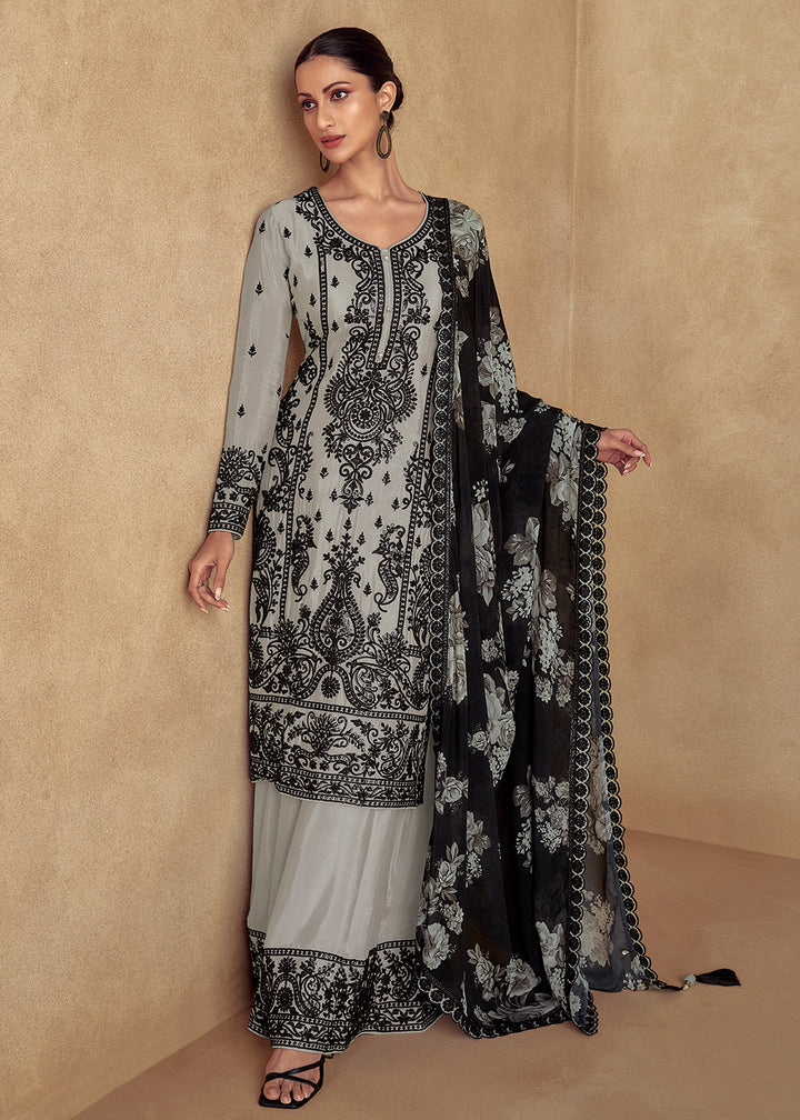 Buy Now Ash Grey Embroidered Lucknowi Style Palazzo Suit Online in USA, UK, Canada, Germany, UAE, Italy & Worldwide at Empress Clothing.