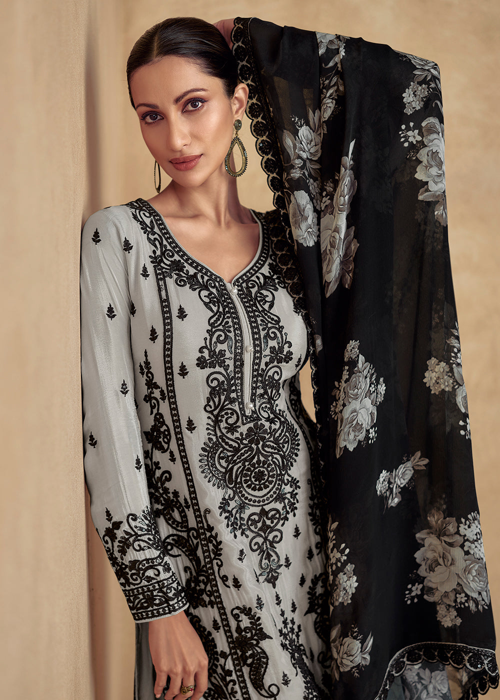 Buy Now Ash Grey Embroidered Lucknowi Style Palazzo Suit Online in USA, UK, Canada, Germany, UAE, Italy & Worldwide at Empress Clothing.