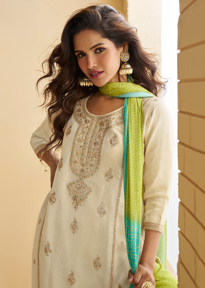 Buy Now Beige & Green Wedding Festive Gharara Suit Online in USA, UK, Canada, Germany, Italy, France, Austria, Denmark, UAE, Singapore & Worldwide at Empress.