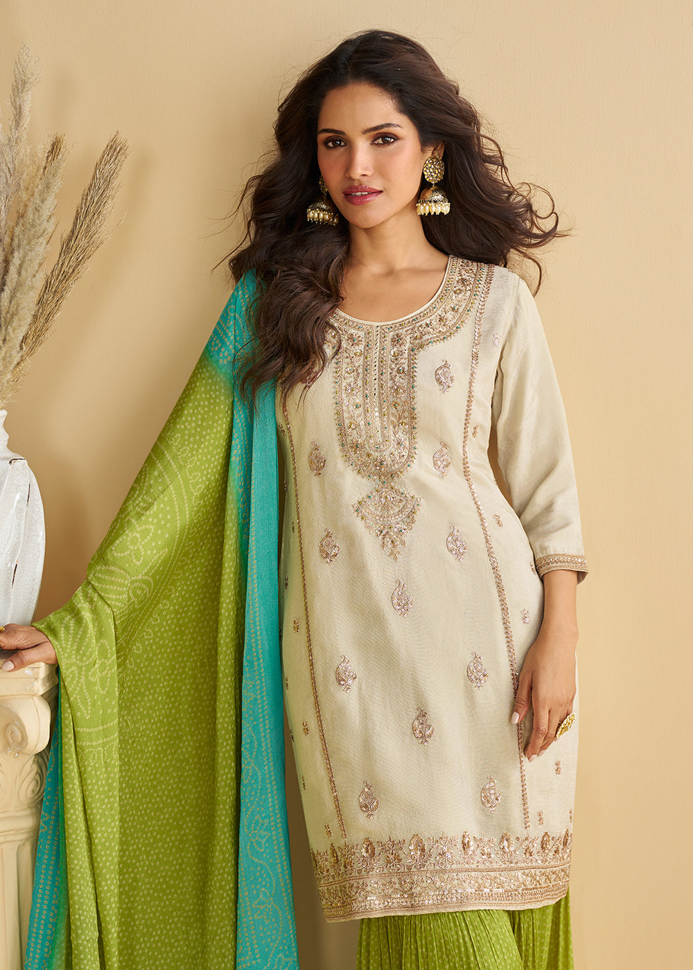 Buy Now Beige & Green Wedding Festive Gharara Suit Online in USA, UK, Canada, Germany, Italy, France, Austria, Denmark, UAE, Singapore & Worldwide at Empress.