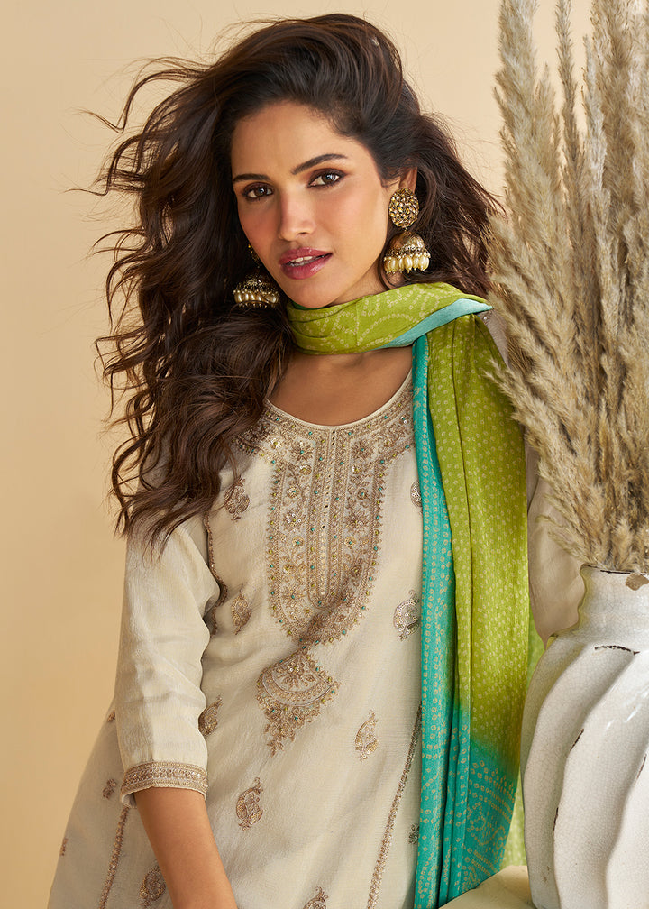 Buy Now Beige & Green Wedding Festive Gharara Suit Online in USA, UK, Canada, Germany, Italy, France, Austria, Denmark, UAE, Singapore & Worldwide at Empress.