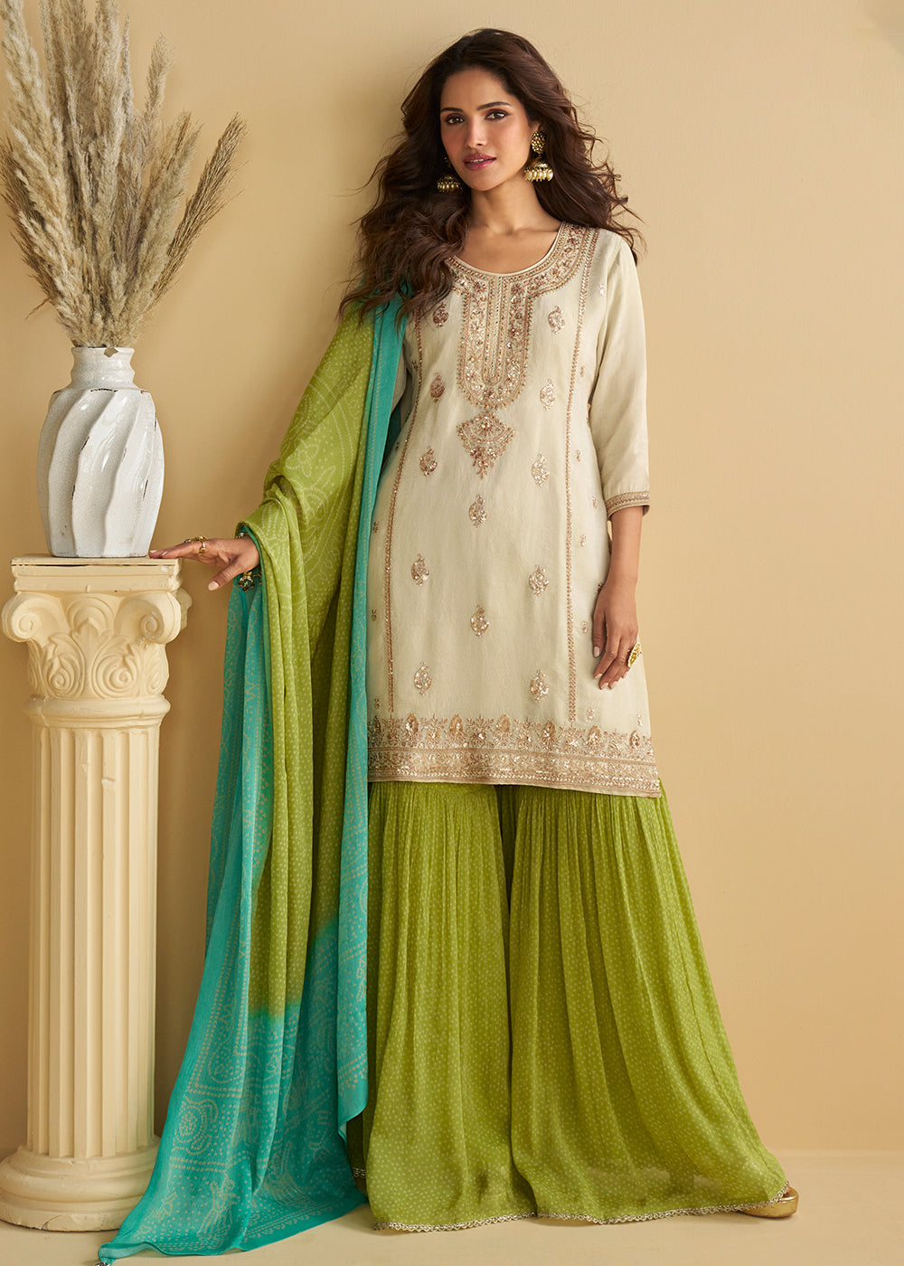 Buy Now Beige & Green Wedding Festive Gharara Suit Online in USA, UK, Canada, Germany, Italy, France, Austria, Denmark, UAE, Singapore & Worldwide at Empress.