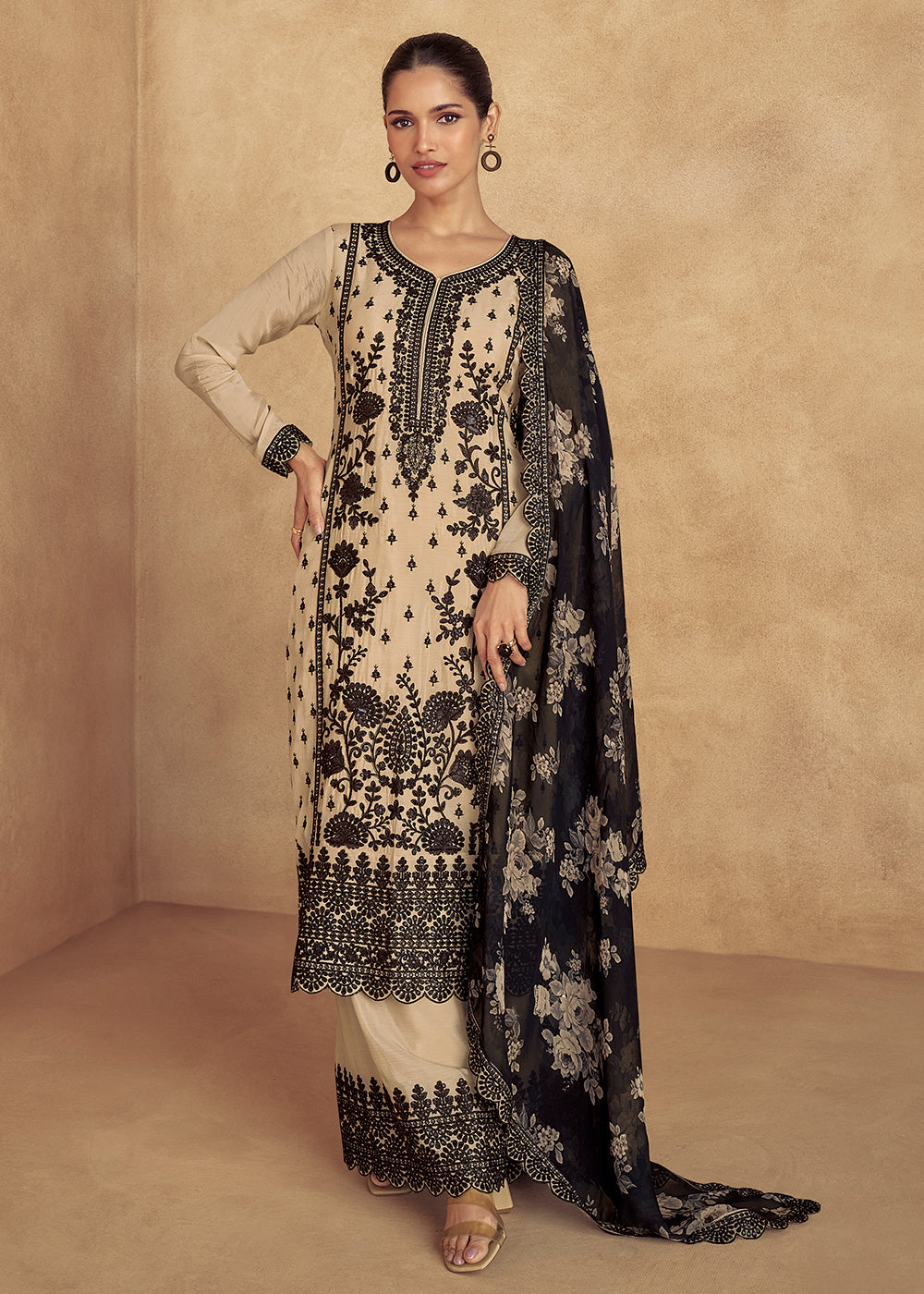 Buy Now Beige Embroidered Lucknowi Style Palazzo Suit Online in USA, UK, Canada, Germany, UAE, Italy & Worldwide at Empress Clothing. 