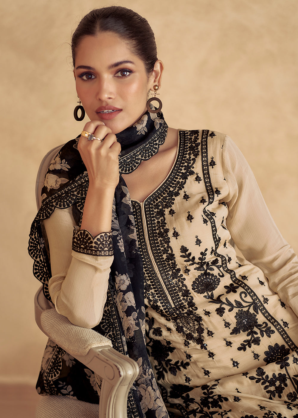 Buy Now Beige Embroidered Lucknowi Style Palazzo Suit Online in USA, UK, Canada, Germany, UAE, Italy & Worldwide at Empress Clothing. 