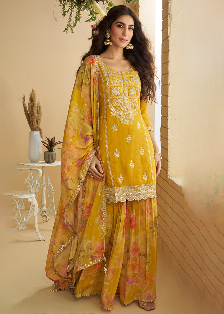 Buy Now Yellow Wedding Festive Gharara Suit Online in USA, UK, Canada, Germany, Italy, France, Austria, Denmark, UAE, Singapore & Worldwide at Empress.