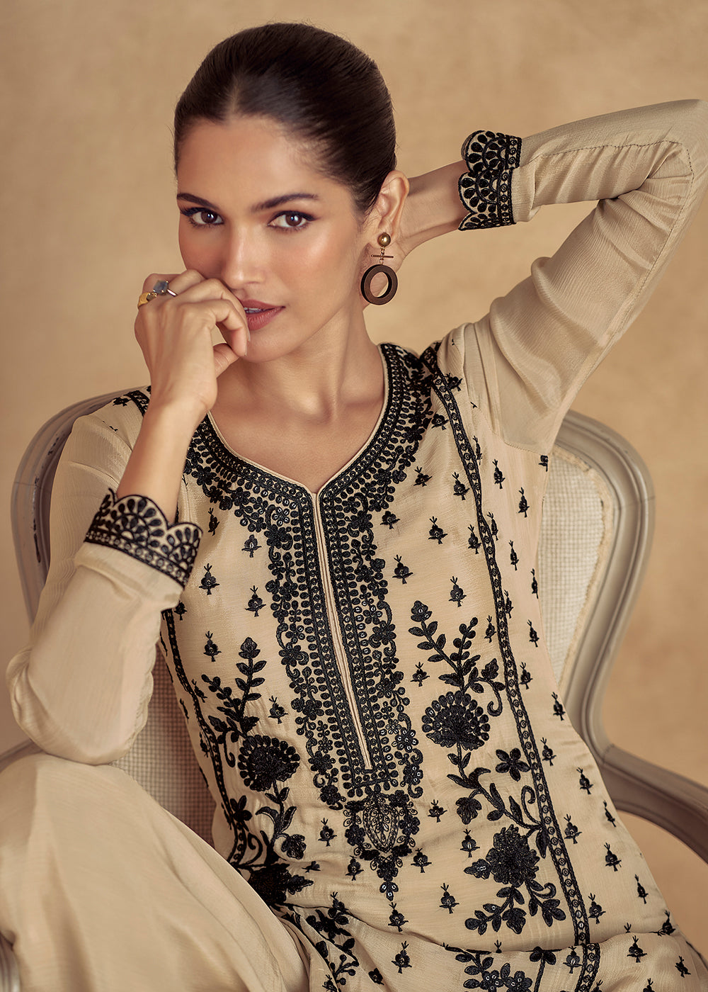 Buy Now Beige Embroidered Lucknowi Style Palazzo Suit Online in USA, UK, Canada, Germany, UAE, Italy & Worldwide at Empress Clothing. 