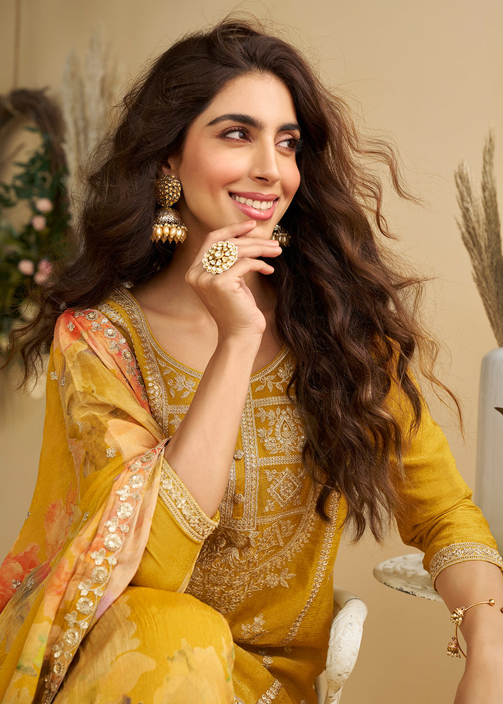 Buy Now Yellow Wedding Festive Gharara Suit Online in USA, UK, Canada, Germany, Italy, France, Austria, Denmark, UAE, Singapore & Worldwide at Empress.