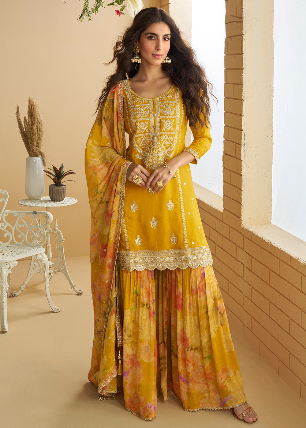 Buy Now Yellow Wedding Festive Gharara Suit Online in USA, UK, Canada, Germany, Italy, France, Austria, Denmark, UAE, Singapore & Worldwide at Empress.