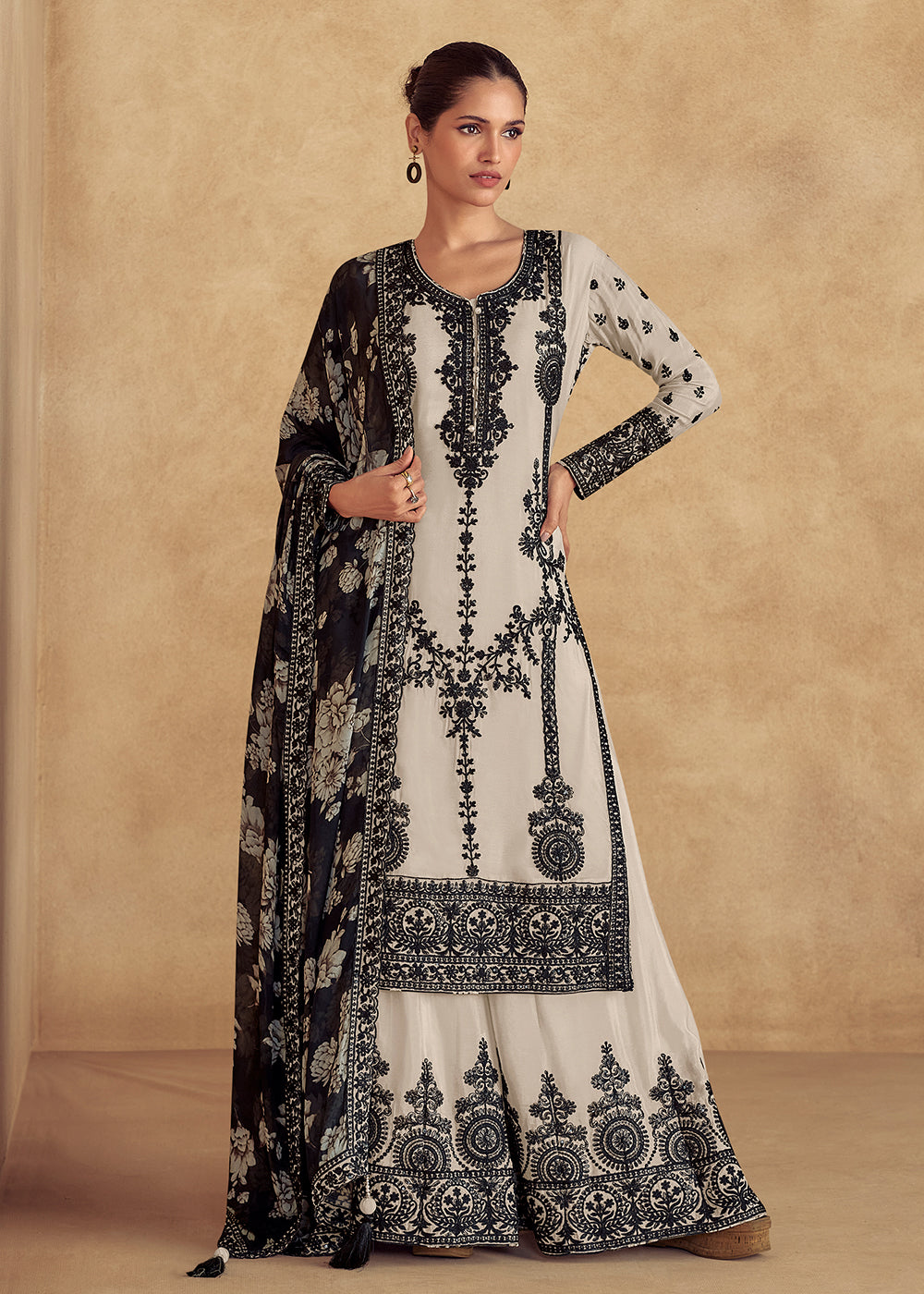 Buy Now Cream Embroidered Lucknowi Style Palazzo Suit Online in USA, UK, Canada, Germany, UAE, Italy & Worldwide at Empress Clothing. 