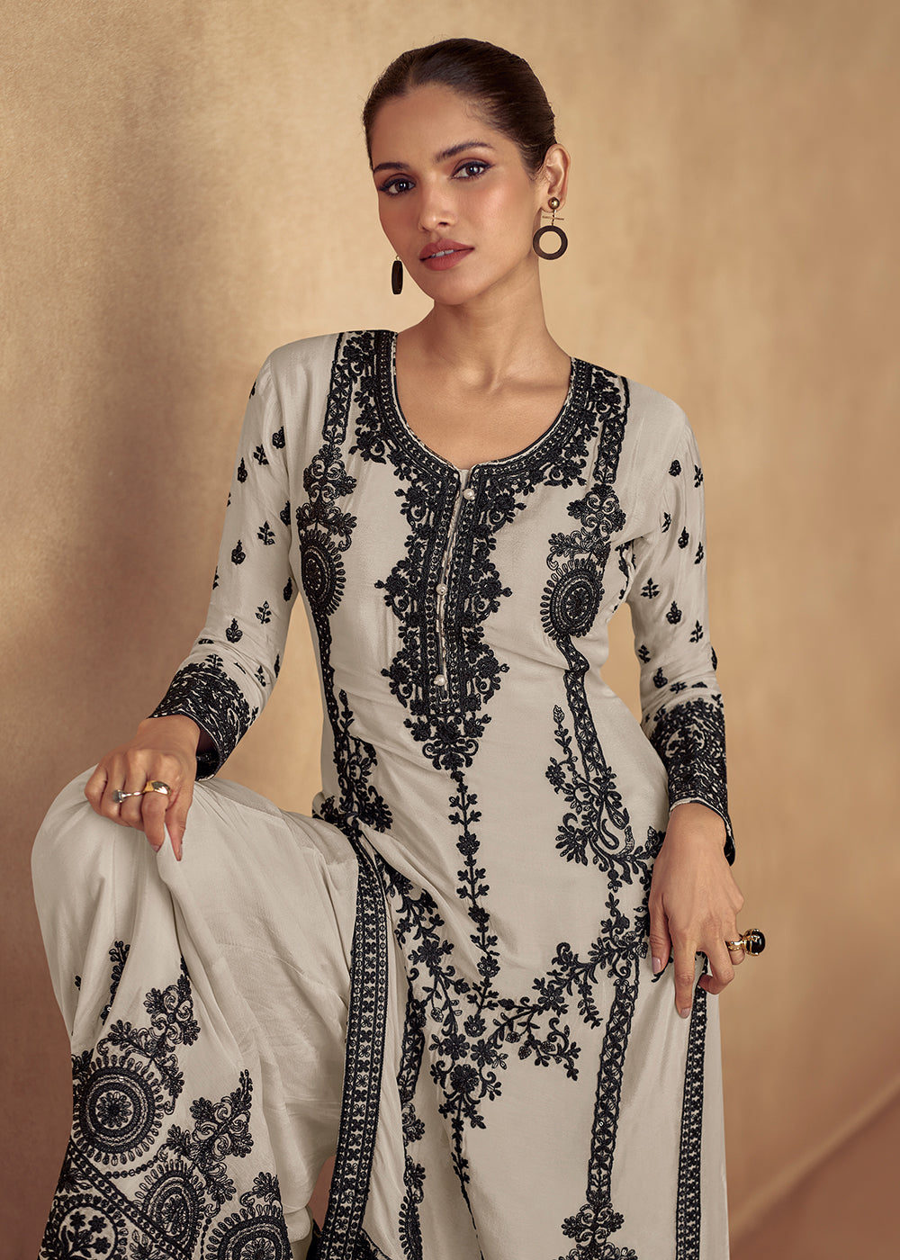 Buy Now Cream Embroidered Lucknowi Style Palazzo Suit Online in USA, UK, Canada, Germany, UAE, Italy & Worldwide at Empress Clothing. 