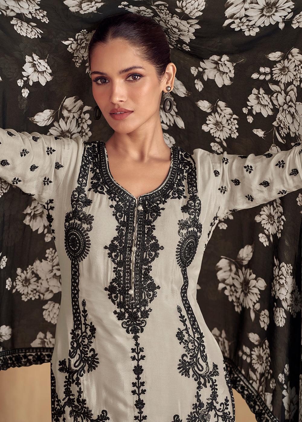 Buy Now Cream Embroidered Lucknowi Style Palazzo Suit Online in USA, UK, Canada, Germany, UAE, Italy & Worldwide at Empress Clothing. 