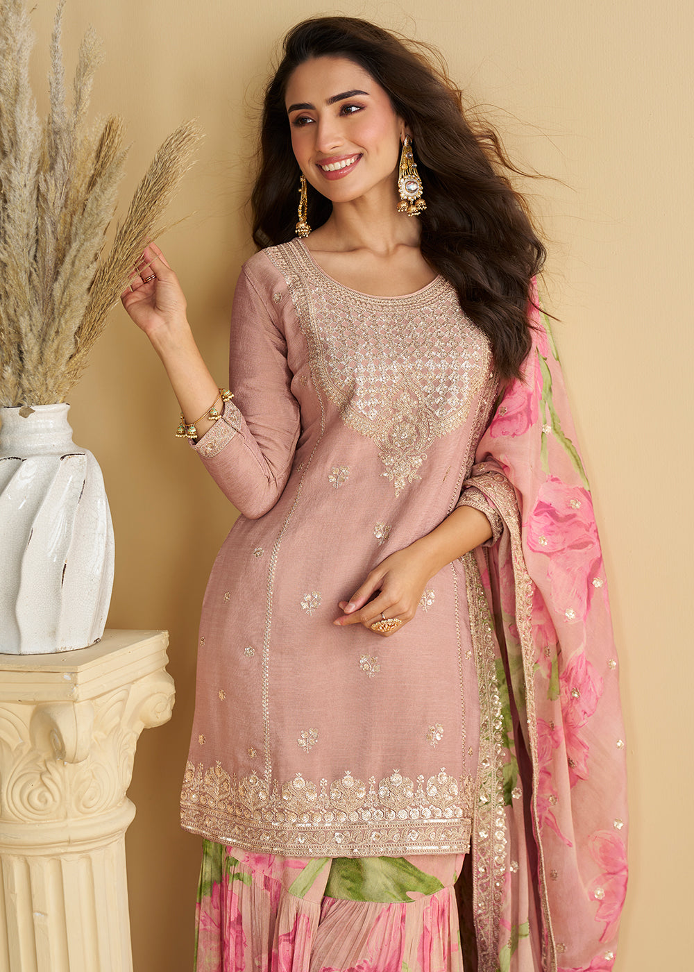 Buy Now Multi Pink Wedding Festive Gharara Suit Online in USA, UK, Canada, Germany, Italy, France, Austria, Denmark, UAE, Singapore & Worldwide at Empress.