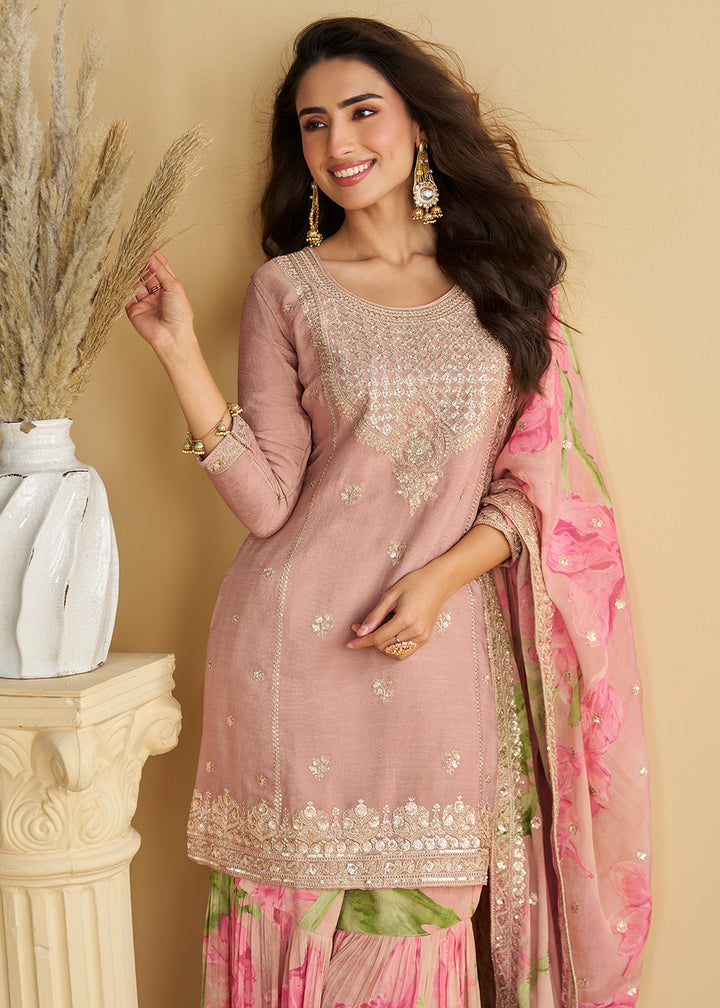 Buy Now Multi Pink Wedding Festive Gharara Suit Online in USA, UK, Canada, Germany, Italy, France, Austria, Denmark, UAE, Singapore & Worldwide at Empress.