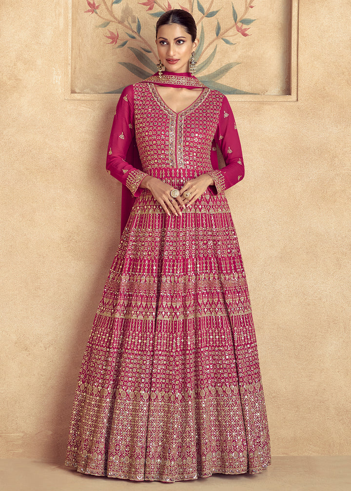 Buy Now Magenta Pink Traditional Embroidered Festive Anarkali Gown Online in USA, UK, Germany, Canada & Worldwide at Empress Clothing. 