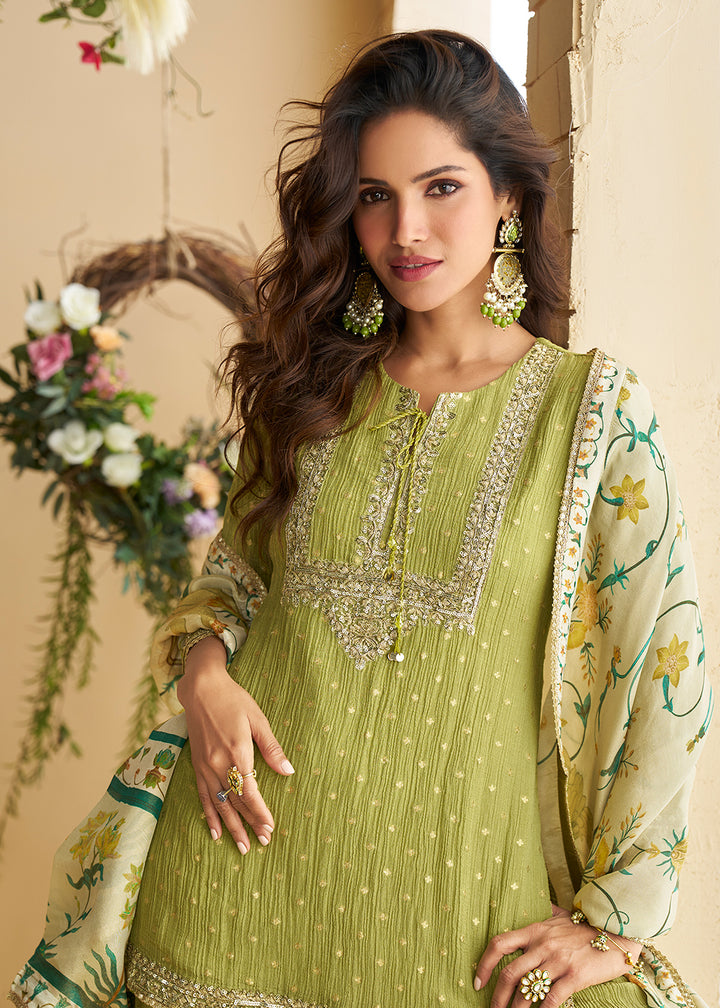 Buy Now Parrot Green Wedding Festive Palazzo Style Suit Online in US, UK, Canada, Germany, Italy, France, Austria, Australia, Denmark & Worldwide at Empress.