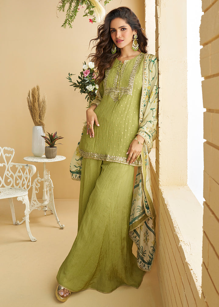 Buy Now Parrot Green Wedding Festive Palazzo Style Suit Online in US, UK, Canada, Germany, Italy, France, Austria, Australia, Denmark & Worldwide at Empress.