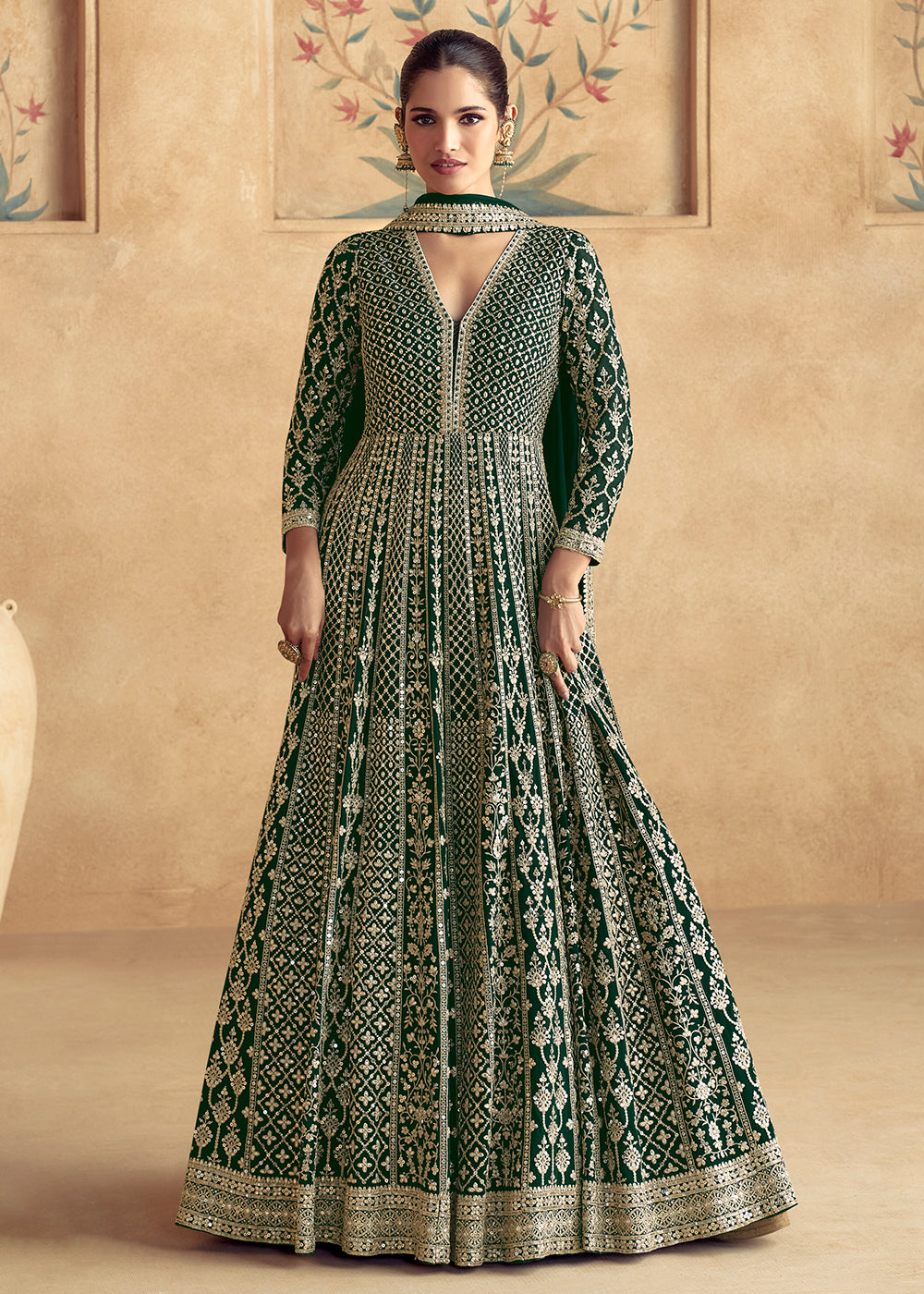 Buy Now Green Traditional Embroidered Festive Anarkali Gown Online in USA, UK, Germany, Canada & Worldwide at Empress Clothing.