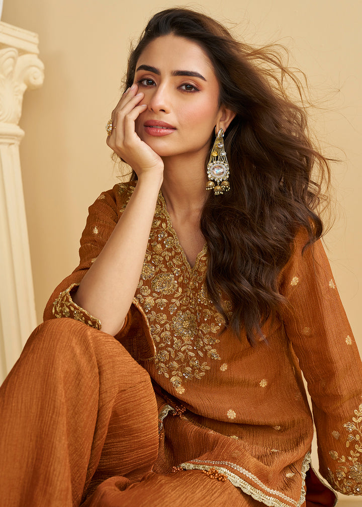 Buy Now Rusty Brown Wedding Festive Palazzo Style Suit Online in US, UK, Canada, Germany, Italy, France, Austria, Australia, Denmark & Worldwide at Empress.