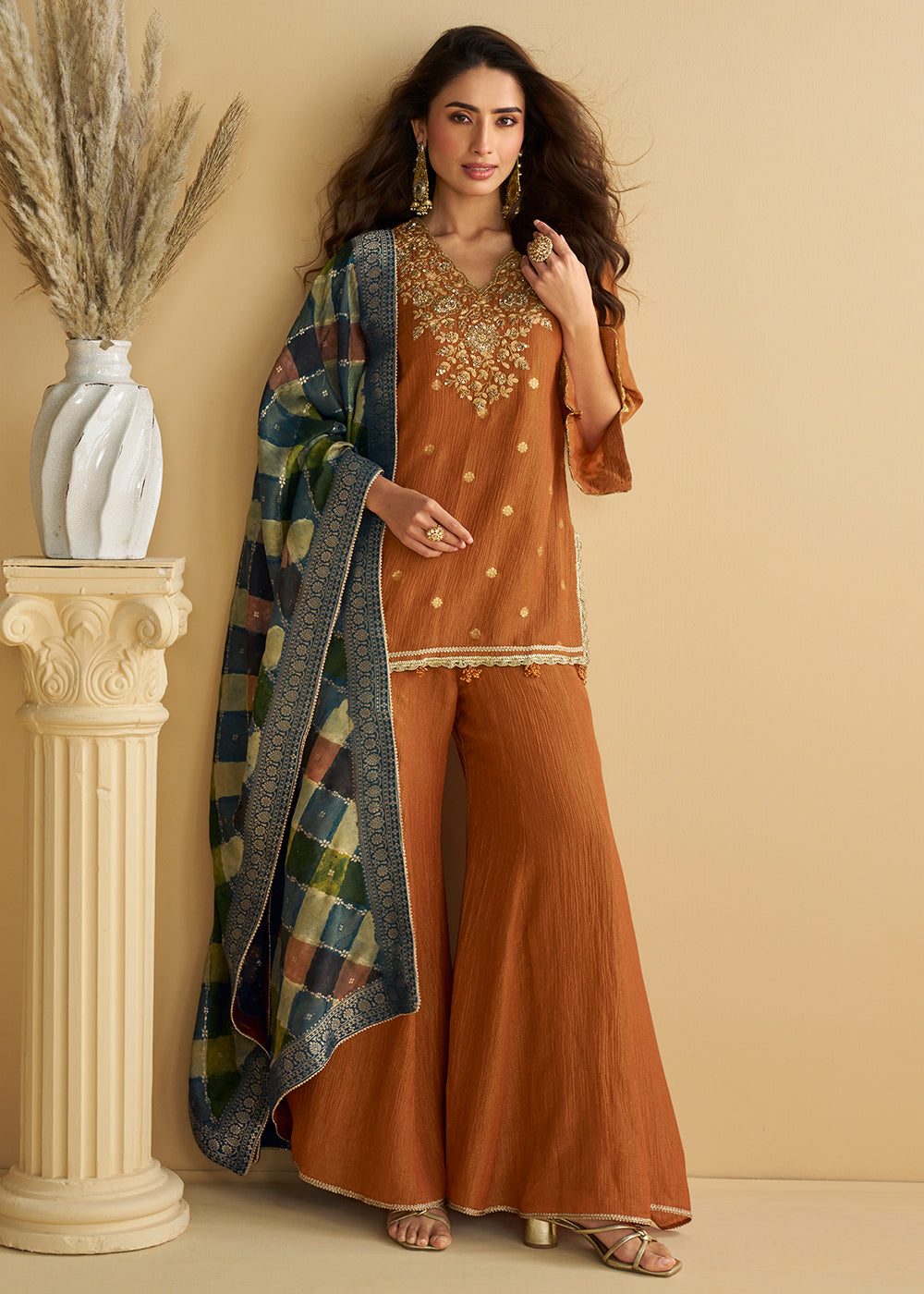 Buy Now Rusty Brown Wedding Festive Palazzo Style Suit Online in US, UK, Canada, Germany, Italy, France, Austria, Australia, Denmark & Worldwide at Empress.