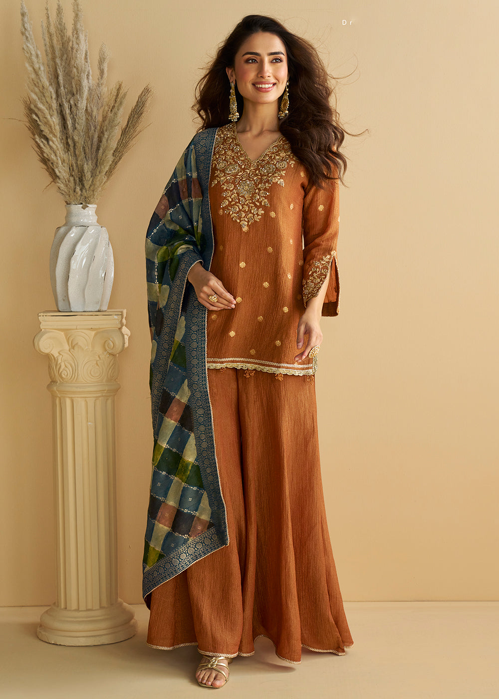 Buy Now Rusty Brown Wedding Festive Palazzo Style Suit Online in US, UK, Canada, Germany, Italy, France, Austria, Australia, Denmark & Worldwide at Empress.