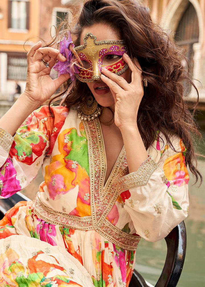 Buy Now Digital Embroidered Cream Chinnon Festive Anarkali Gown Online in US, UK, Canada, France, Italy, Sweden, Ireland, UAE, Australia & Worldwide at Empress.