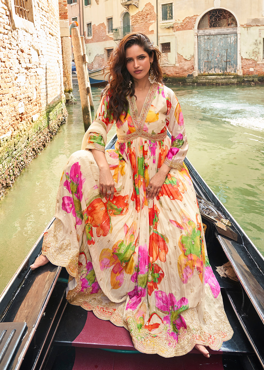 Buy Now Digital Embroidered Cream Chinnon Festive Anarkali Gown Online in US, UK, Canada, France, Italy, Sweden, Ireland, UAE, Australia & Worldwide at Empress.