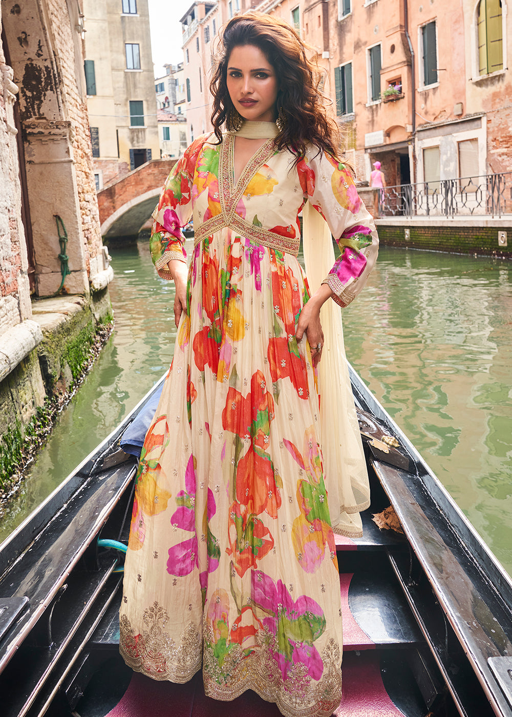 Buy Now Digital Embroidered Cream Chinnon Festive Anarkali Gown Online in US, UK, Canada, France, Italy, Sweden, Ireland, UAE, Australia & Worldwide at Empress.