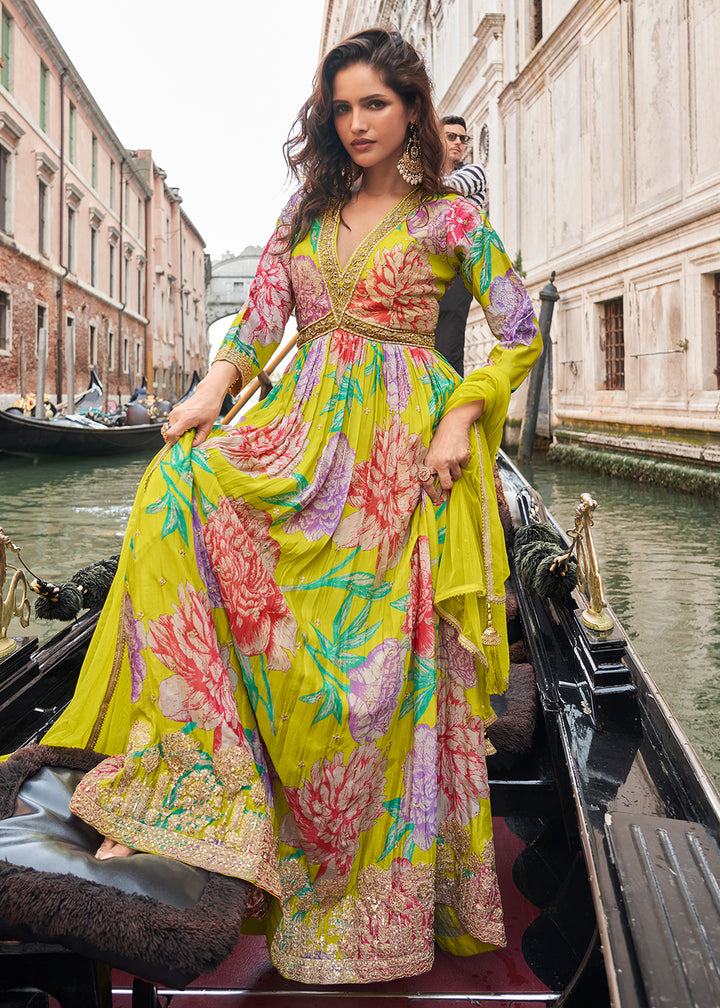 Buy Now Digital Embroidered Green Chinnon Festive Anarkali Gown Online in US, UK, Canada, France, Italy, Sweden, Ireland, UAE, Australia & Worldwide at Empress.