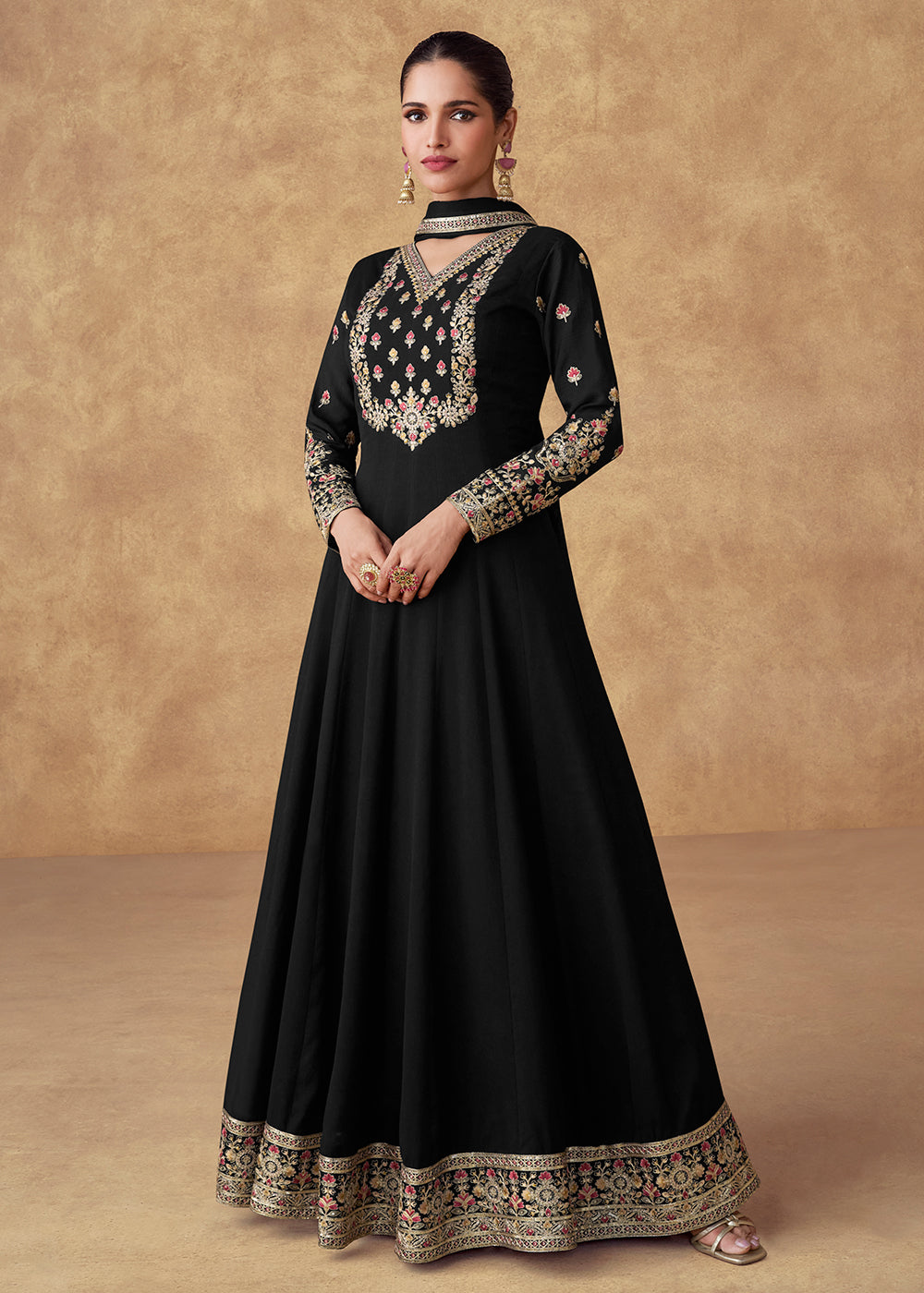 Buy Now Embroidered Black Chinnon Silk Festive Anarkali Suit Online in USA, UK, Australia, Italy, Germany, Canada, UAE & Worldwide at Empress Clothing