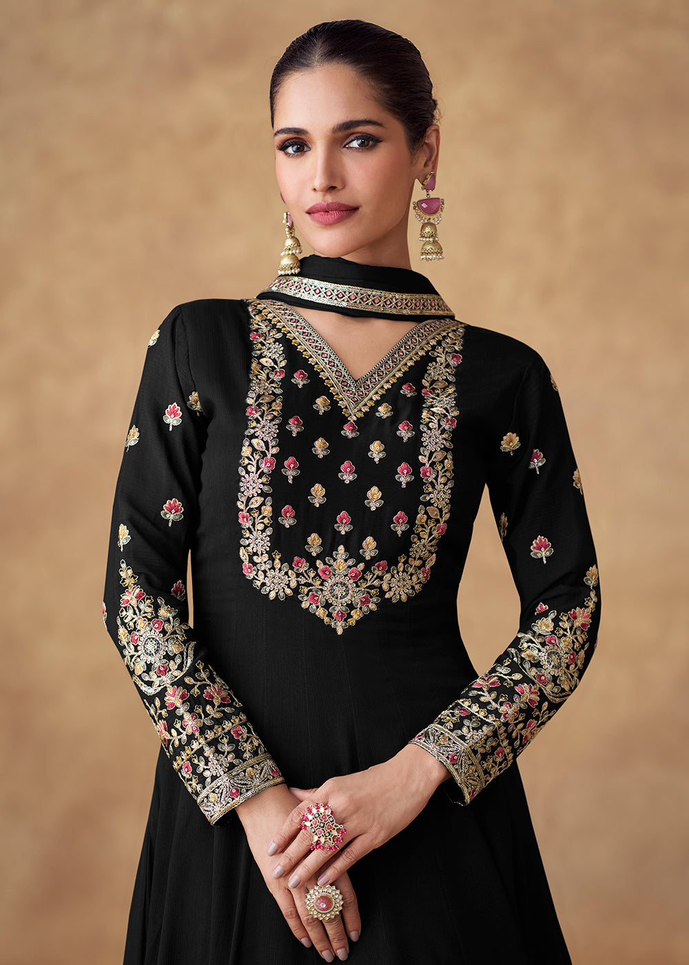 Buy Now Embroidered Black Chinnon Silk Festive Anarkali Suit Online in USA, UK, Australia, Italy, Germany, Canada, UAE & Worldwide at Empress Clothing