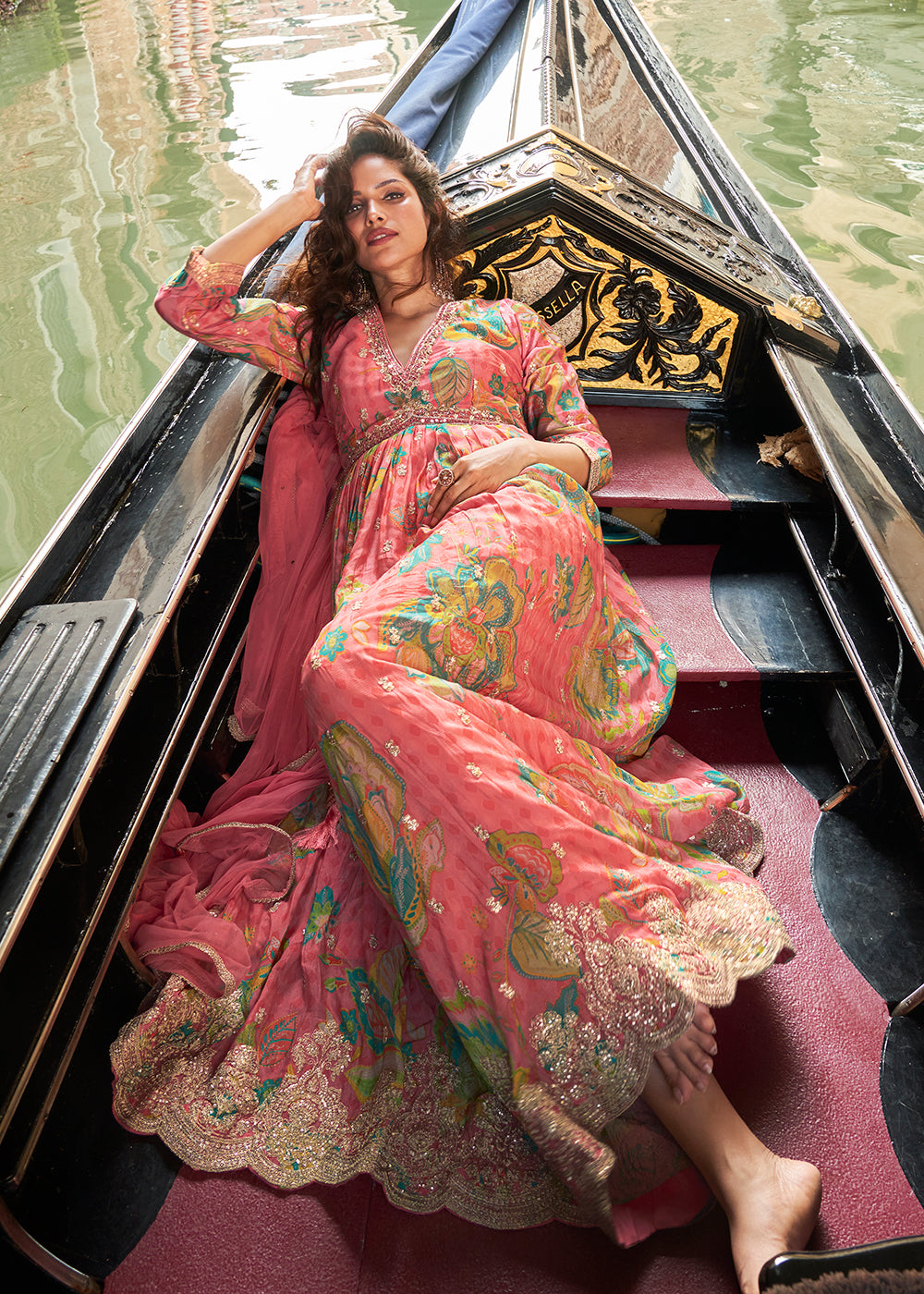 Buy Now Digital Embroidered Pink Chinnon Festive Anarkali Gown Online in US, UK, Canada, France, Italy, Sweden, Ireland, UAE, Australia & Worldwide at Empress.