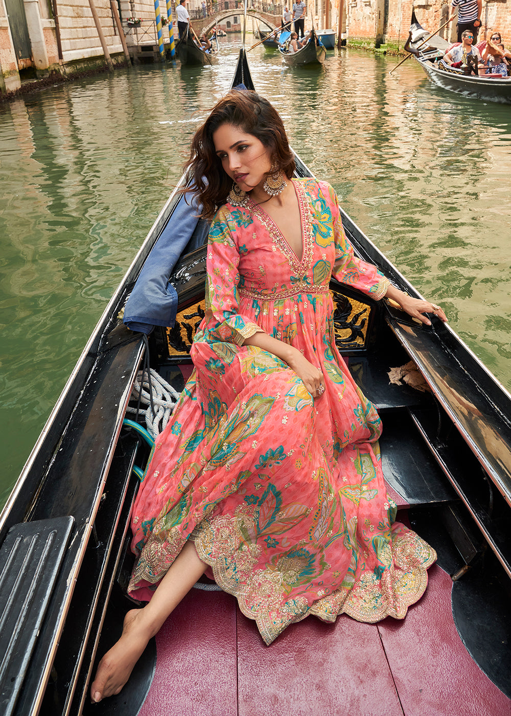 Buy Now Digital Embroidered Pink Chinnon Festive Anarkali Gown Online in US, UK, Canada, France, Italy, Sweden, Ireland, UAE, Australia & Worldwide at Empress.