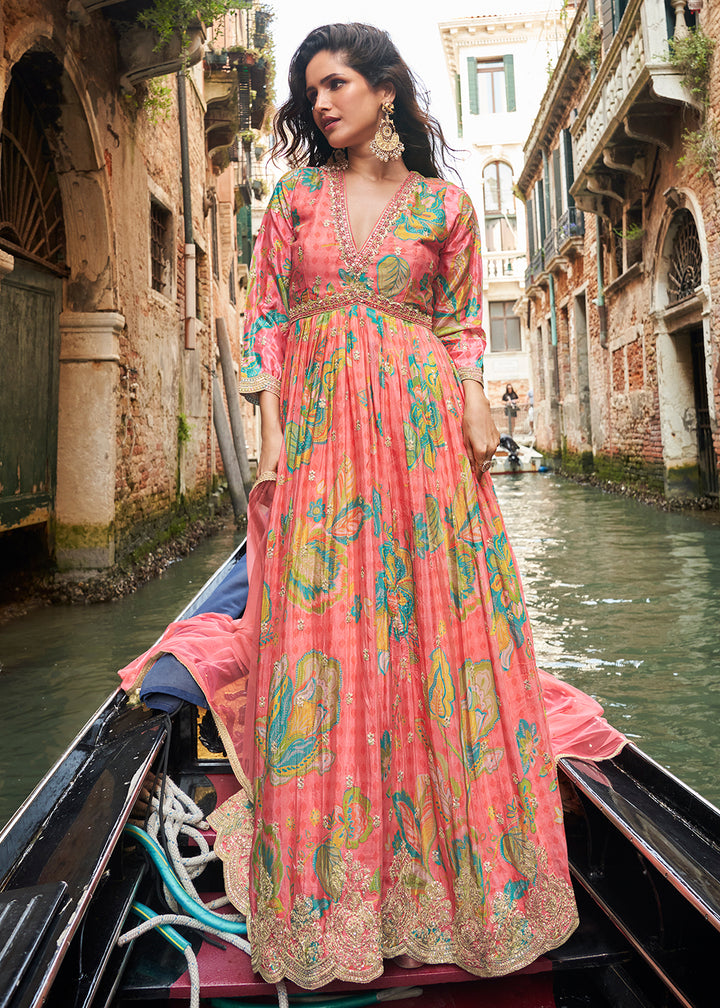 Buy Now Digital Embroidered Pink Chinnon Festive Anarkali Gown Online in US, UK, Canada, France, Italy, Sweden, Ireland, UAE, Australia & Worldwide at Empress.