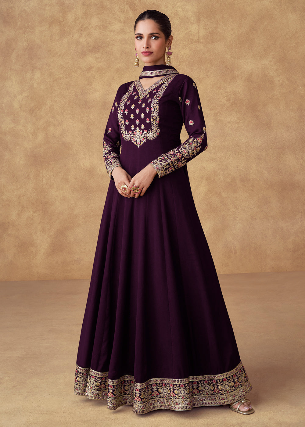 Buy Now Embroidered Purple Chinnon Silk Festive Anarkali Suit Online in USA, UK, Australia, Italy, Germany, Canada, UAE & Worldwide at Empress Clothing.