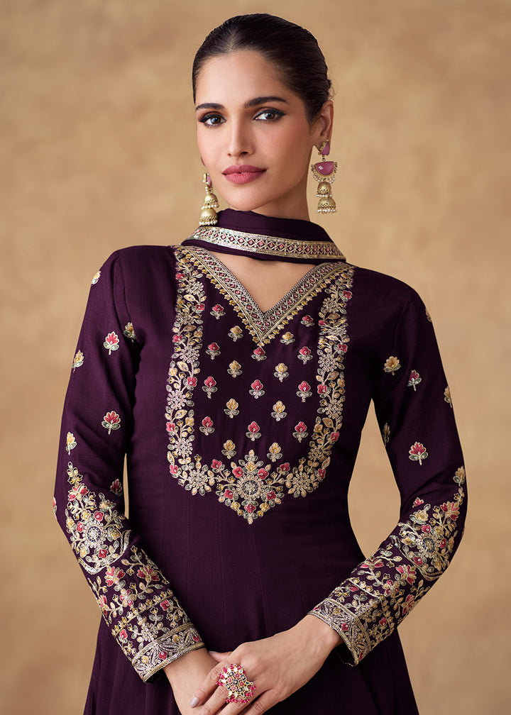 Buy Now Embroidered Purple Chinnon Silk Festive Anarkali Suit Online in USA, UK, Australia, Italy, Germany, Canada, UAE & Worldwide at Empress Clothing.