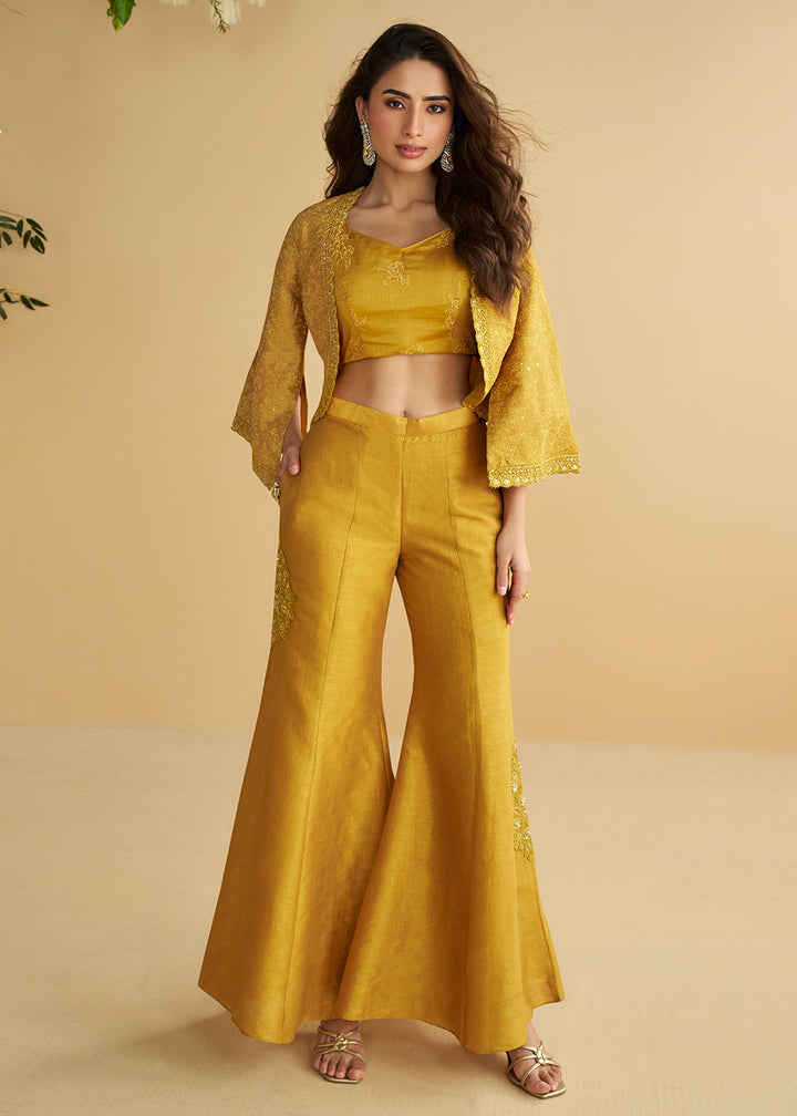Buy Now Jacket Style Golden Yellow Trendy Indo Western Dress Online in US, UK, Canada, Germany, Italy, France, Austria, UAE, Australia & Worldwide at Empress.